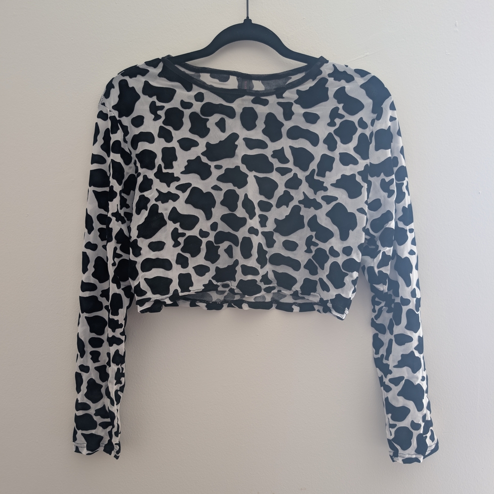 Monochrome Cow Print Mesh Crop Top And Hotpants Set